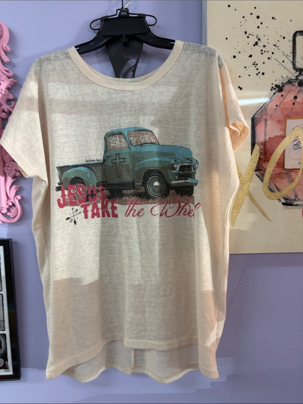 Southern Grace Cream Graphic Tee with Teal Truck and Pink Script